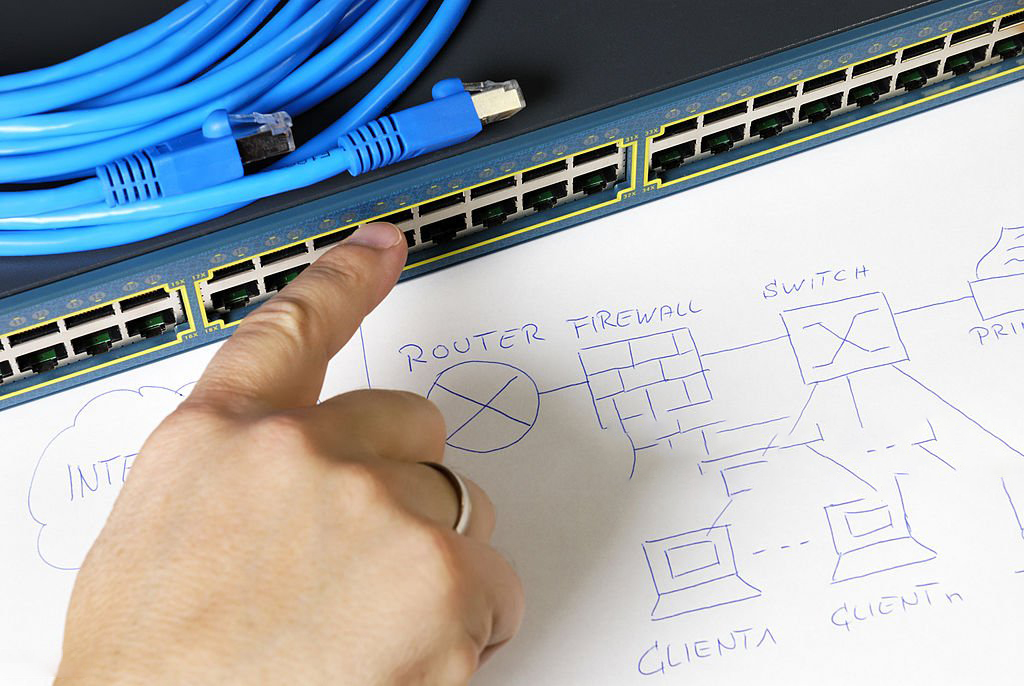 Engineer is planning and building up a computer network.computer and computer network