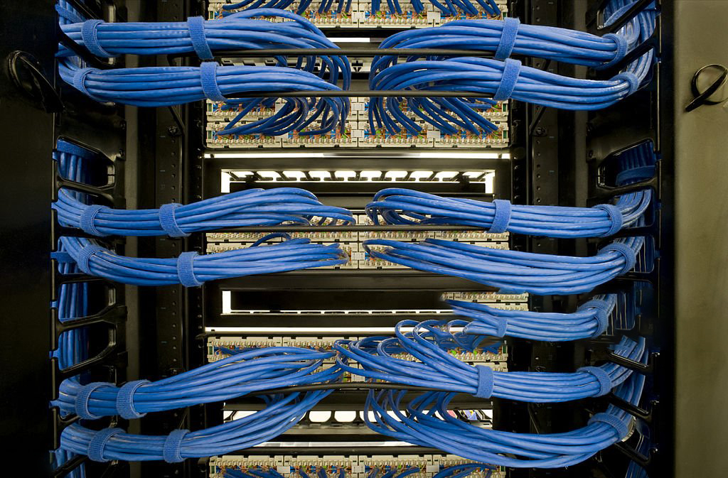 Category five wiring for a computer server installation.