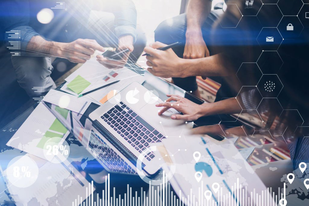 Concept of digital diagram,graph interfaces,virtual screen,connections icon on blurred background.Business meeting process.Woman typing laptop computer keyboard.Horizontal