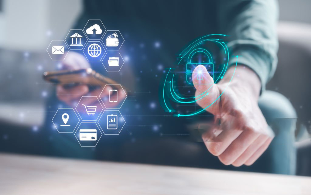 Cyber security protection information privacy technology concept, man use smartphone digital on visual screen show padlock protecting data, password and login.